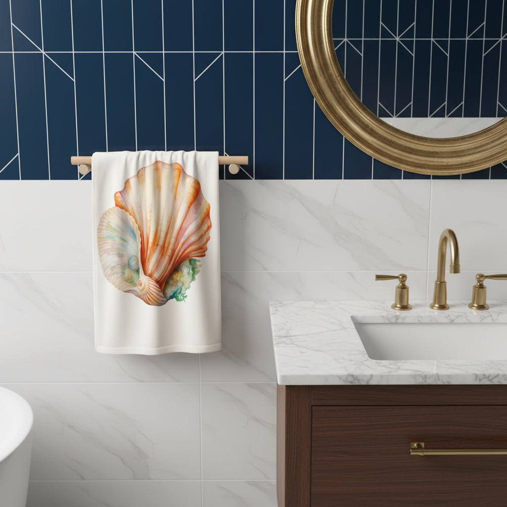 Iridescent Pearls in Orange Scallop Seashell Hand Towel