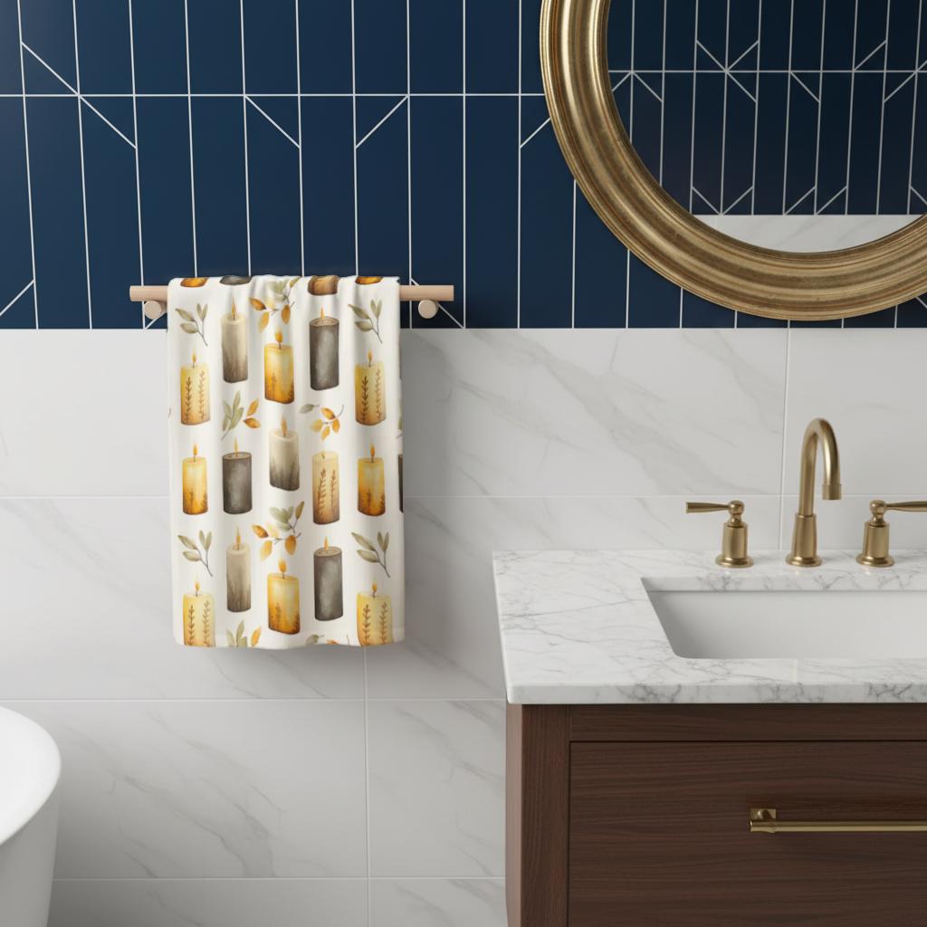 Warm Neutral Autumn Candles and Leaves Hand Towel