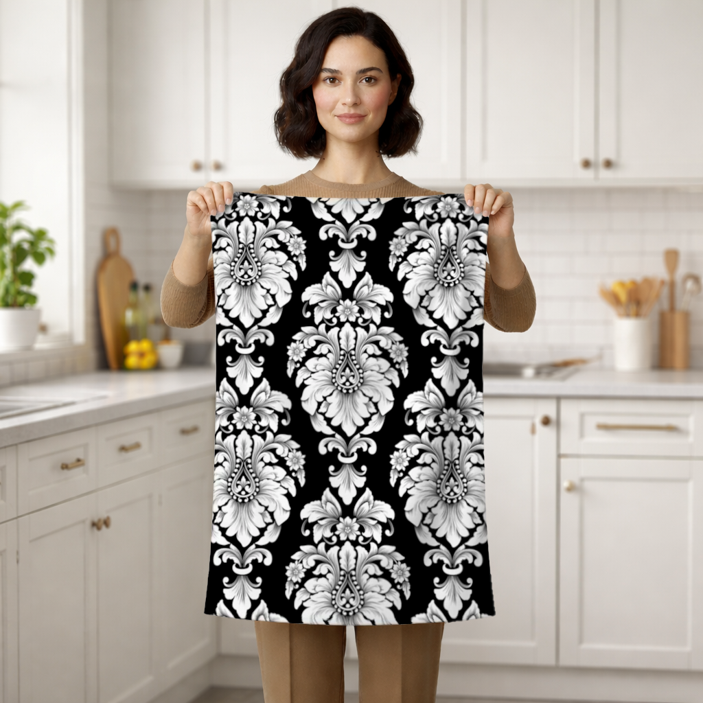 Black and White Baroque Floral Pattern Hand Towel