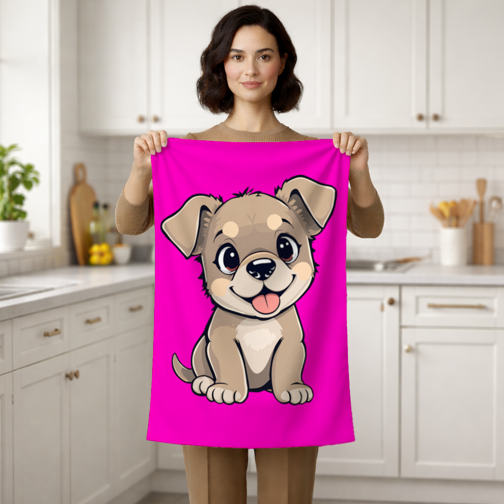 Cute Dog Illustration on Pink Background Hand Towel
