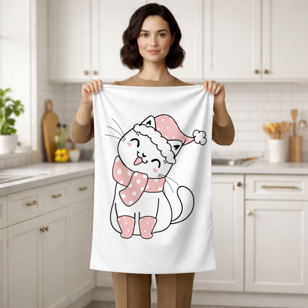 Cute Christmas Cat with Pink Polka Dot Outfit Hand Towel