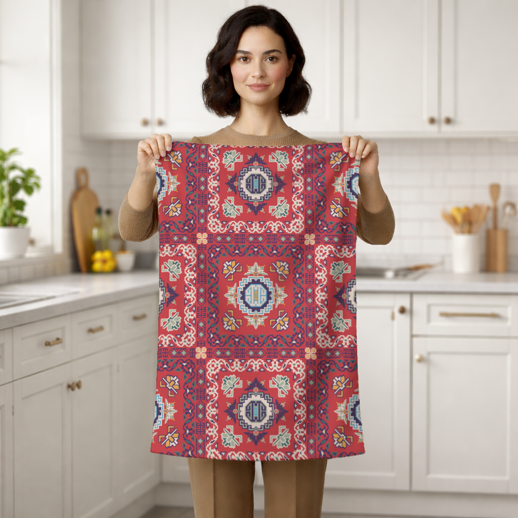 Geleneksel Kilim Motifli Kırmızı Etnik Geometrik Desen El Havlusu