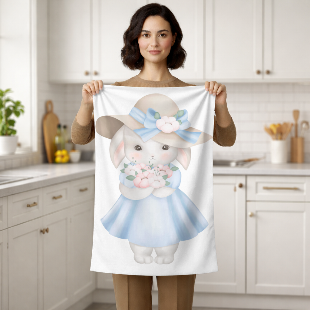 Cute Bunny with Hat Holding Flowers Hand Towel