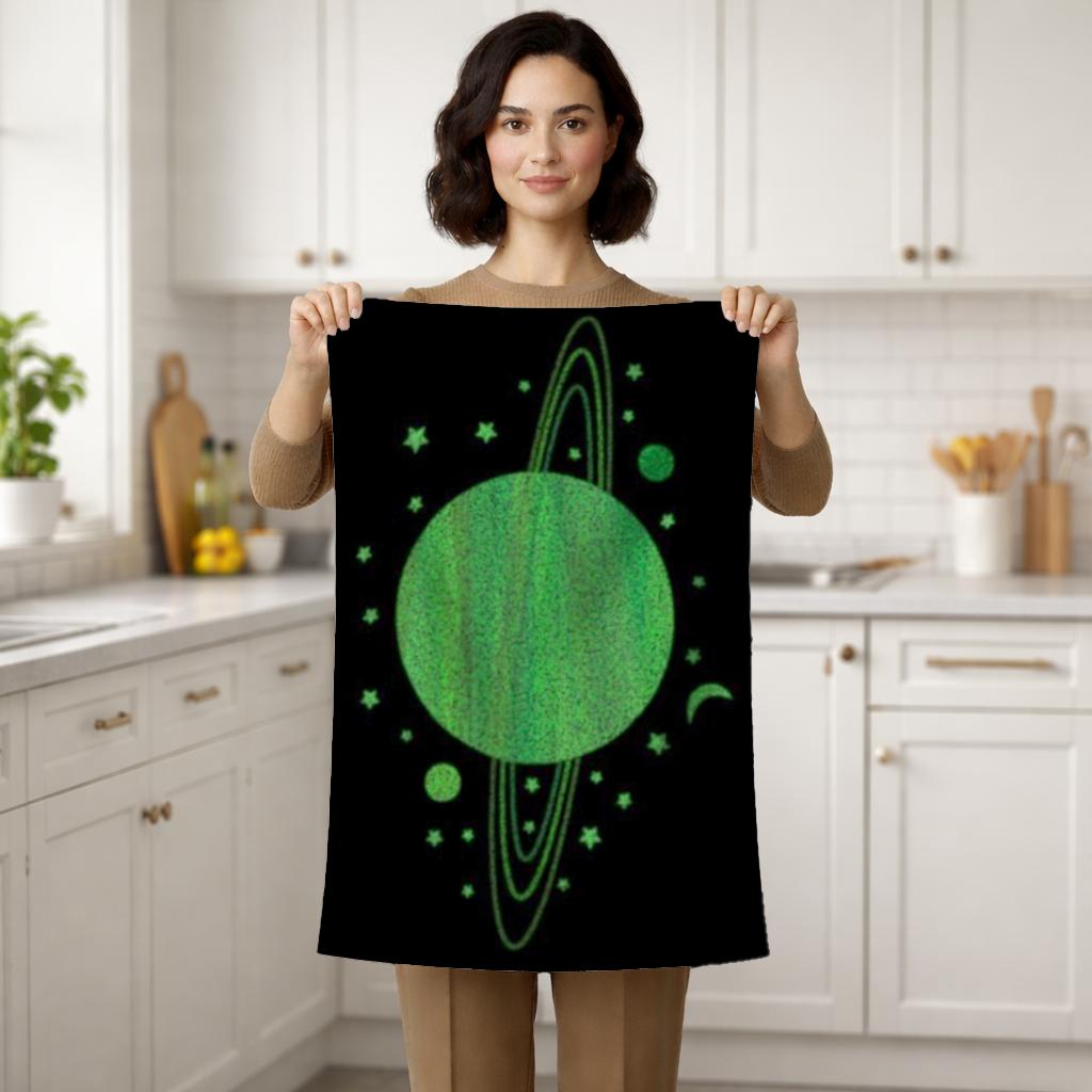 Green planets on a black background. Hand Towel