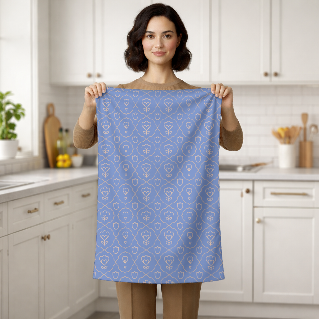 Orange Linear Floral Pattern on Blue Hand Towel