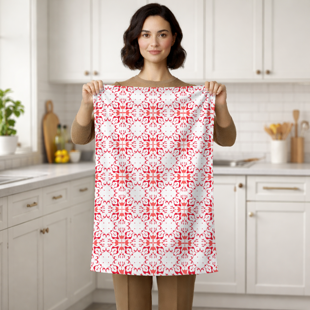 Red and White Traditional Tile Style Pattern Hand Towel