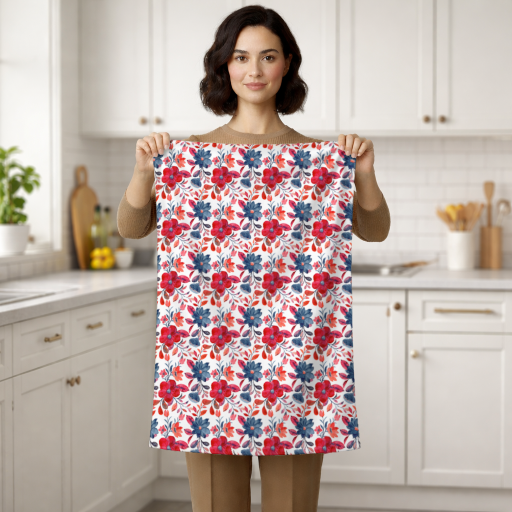 Watercolor Red Navy Floral Hand Towel