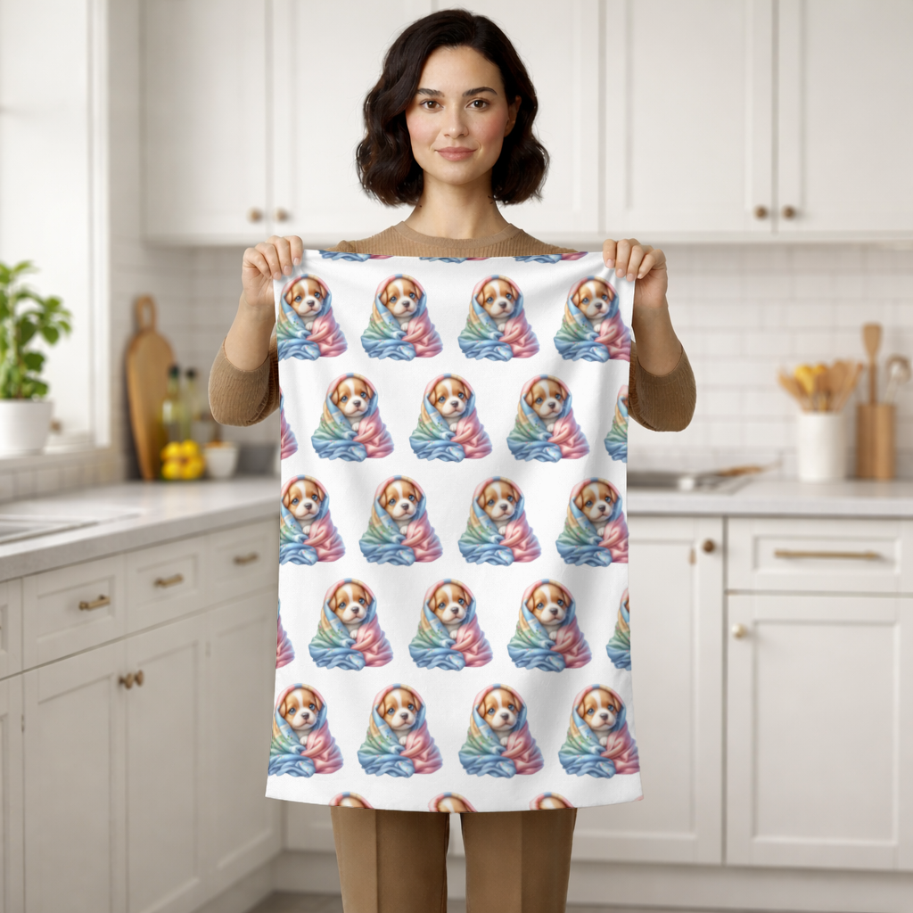 Cute Puppy Wrapped in Colorful Blanket Hand Towel