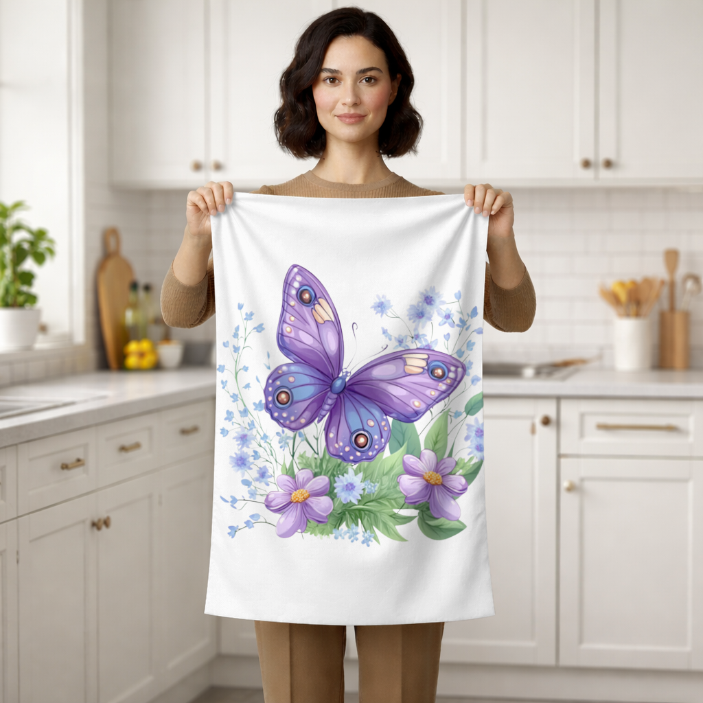 Cottagecore Purple Butterfly Floral Hand Towel