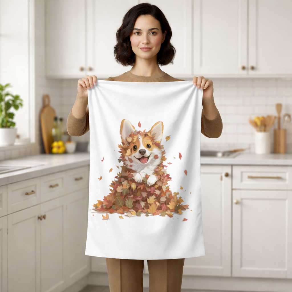 Happy Corgi Puppy in Fall Leaves Hand Towel