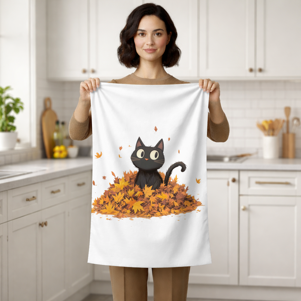Cute Black Cat in Autumn Leaves Hand Towel
