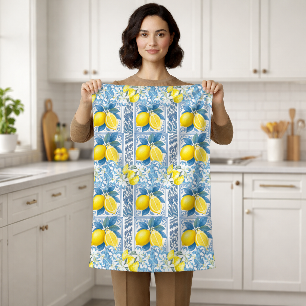 Mediterranean Lemon and Blue Azulejo Tile Pattern El Havlusu