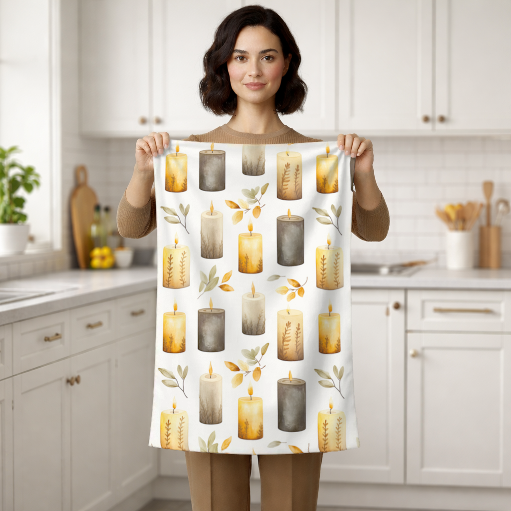 Warm Neutral Autumn Candles and Leaves Hand Towel