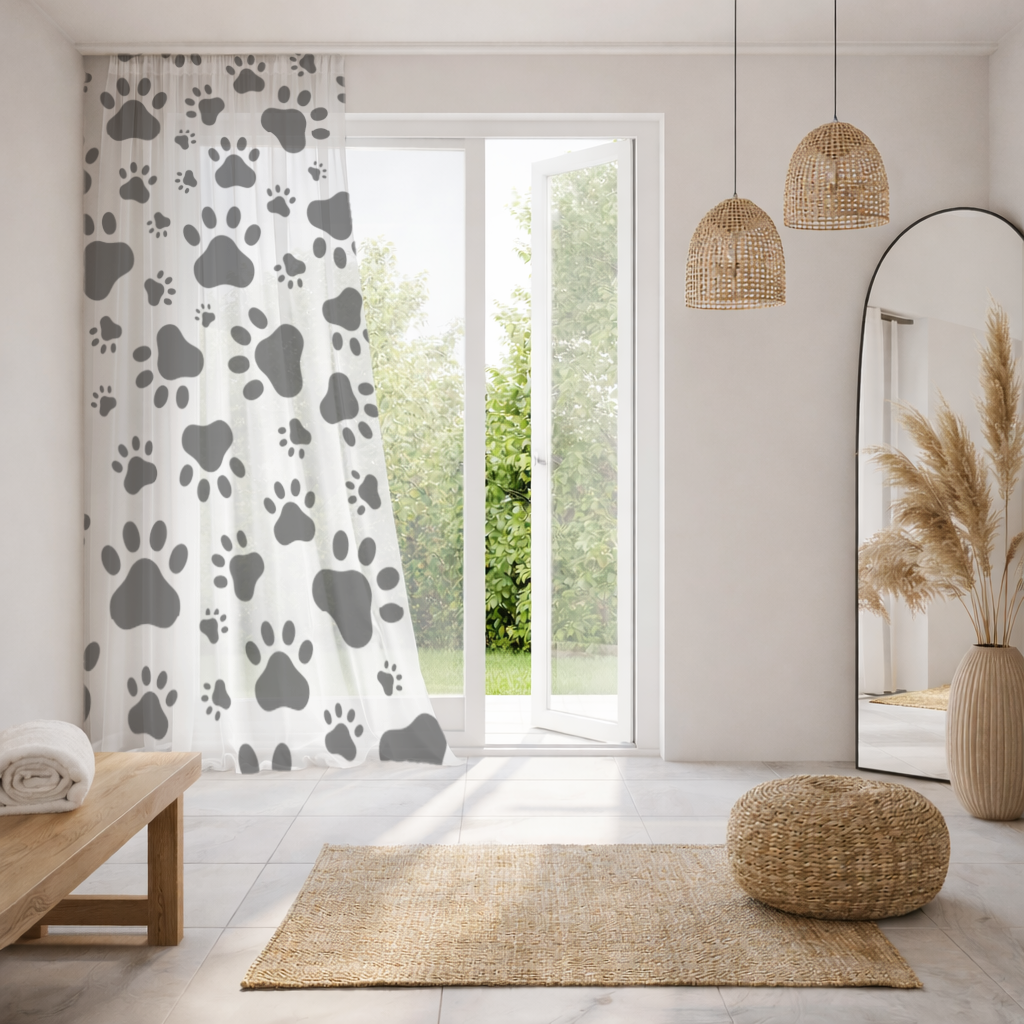 Black and White Paw Pattern Design Sheer Curtain