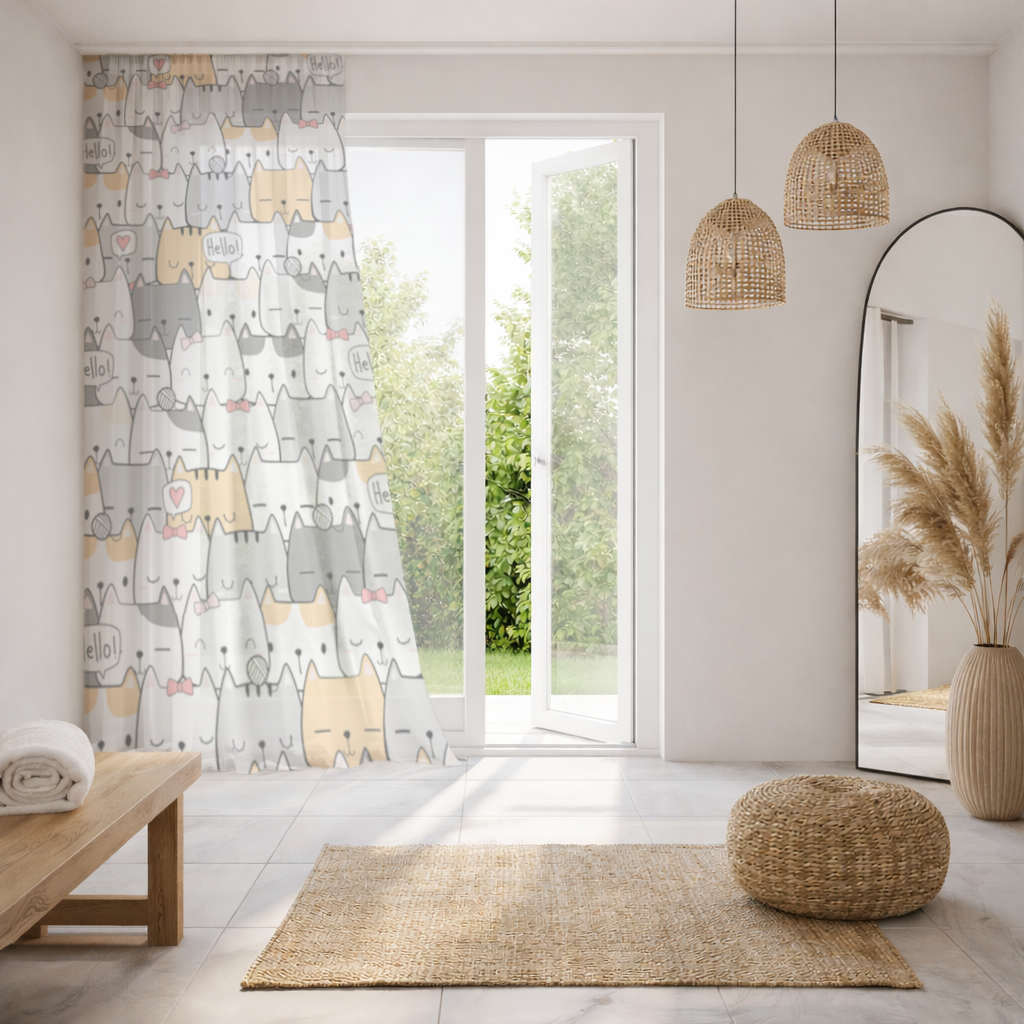 Cute Cartoon Cats Pattern with Speech Bubbles Sheer Curtain