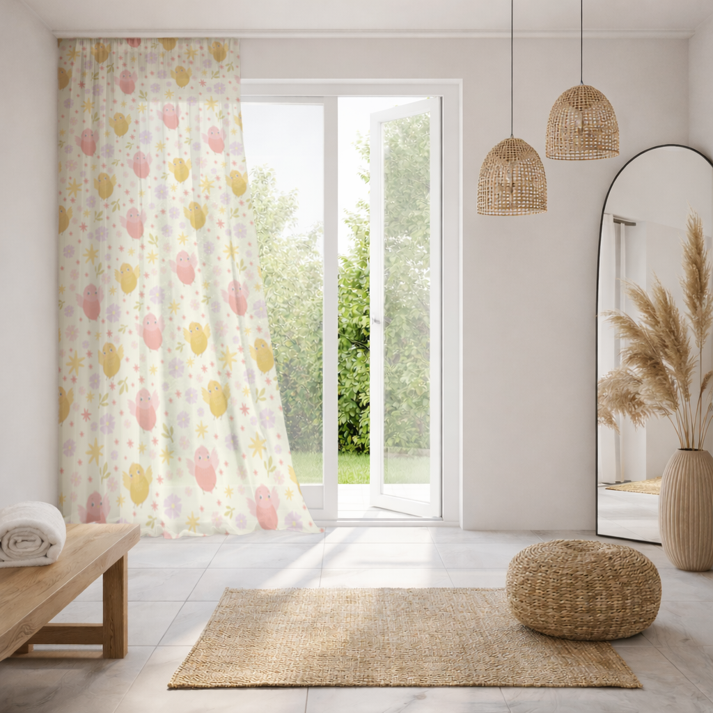 Cute Birds and Floral Pastel Spring Pattern Illustration Sheer Curtain
