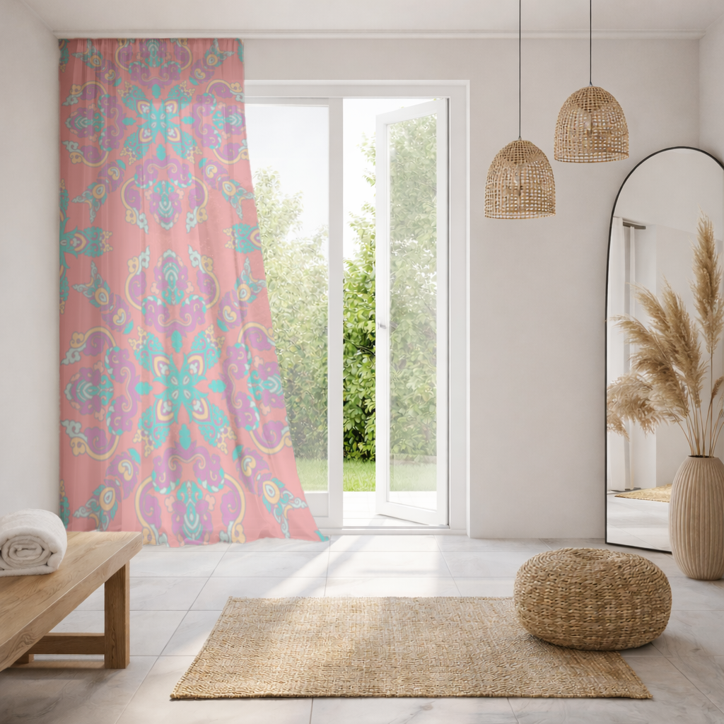 Vibrant Red Oriental Mandala Pattern Sheer Curtain