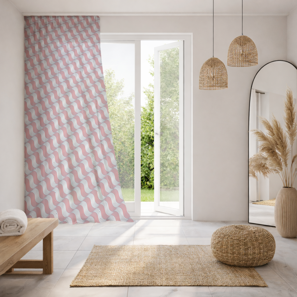Red and Navy Wavy Line Pattern Sheer Curtain