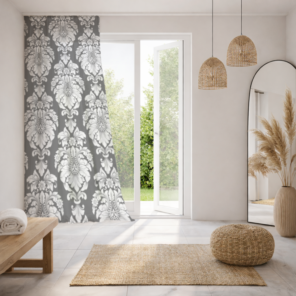 Black and White Baroque Floral Pattern Sheer Curtain