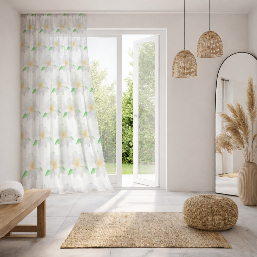 3D White Lily Flower Illustration Sheer Curtain