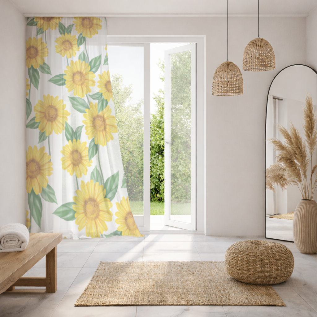 Vibrant Yellow Sunflower and Green Leaf Pattern Illustration Sheer Curtain