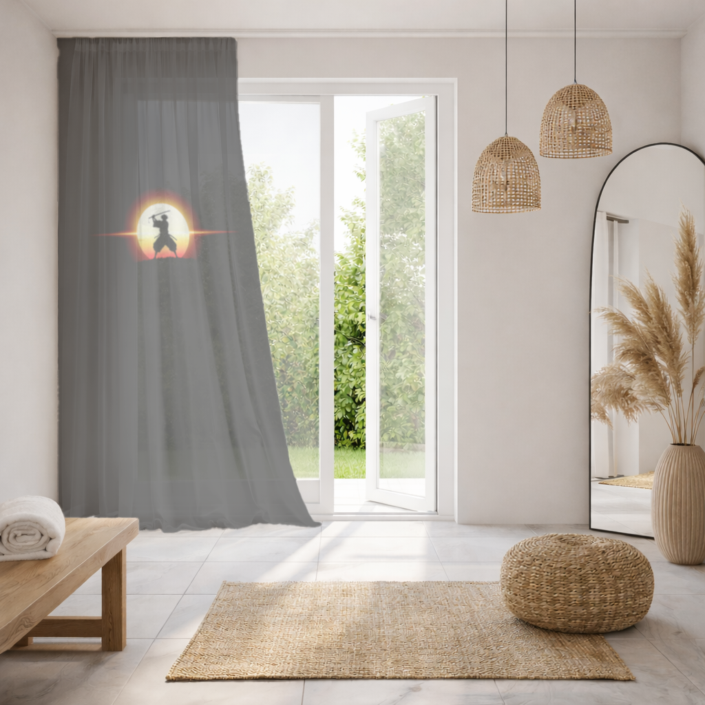 Samurai Silhouette Under the Rising Sun Honor and Strength Sheer Curtain