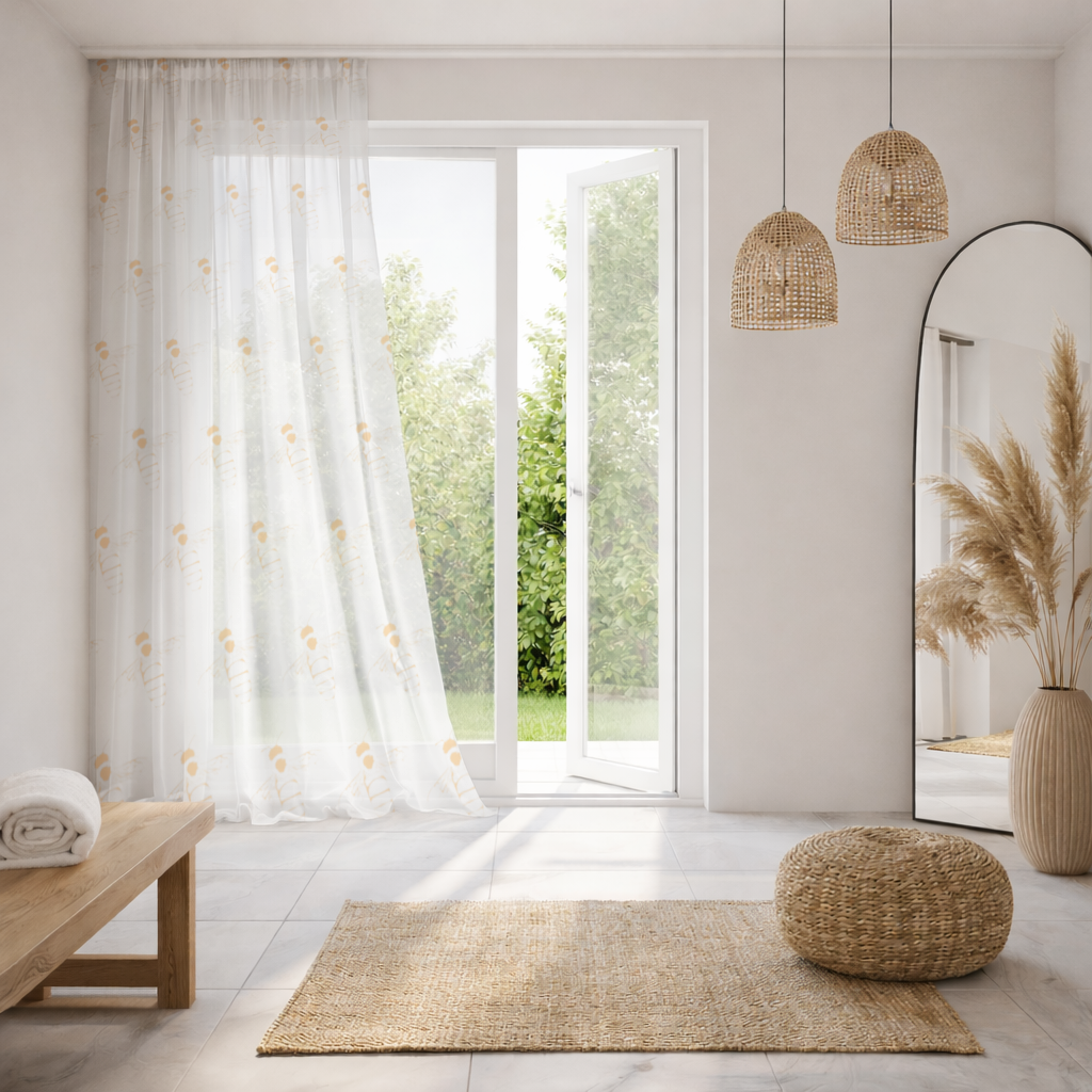 Minimal Orange Bee Illustration Sheer Curtain