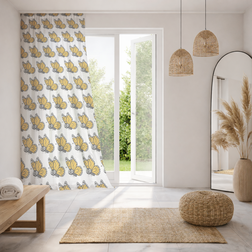 Smiling Orange Monarch Butterfly Character Sheer Curtain