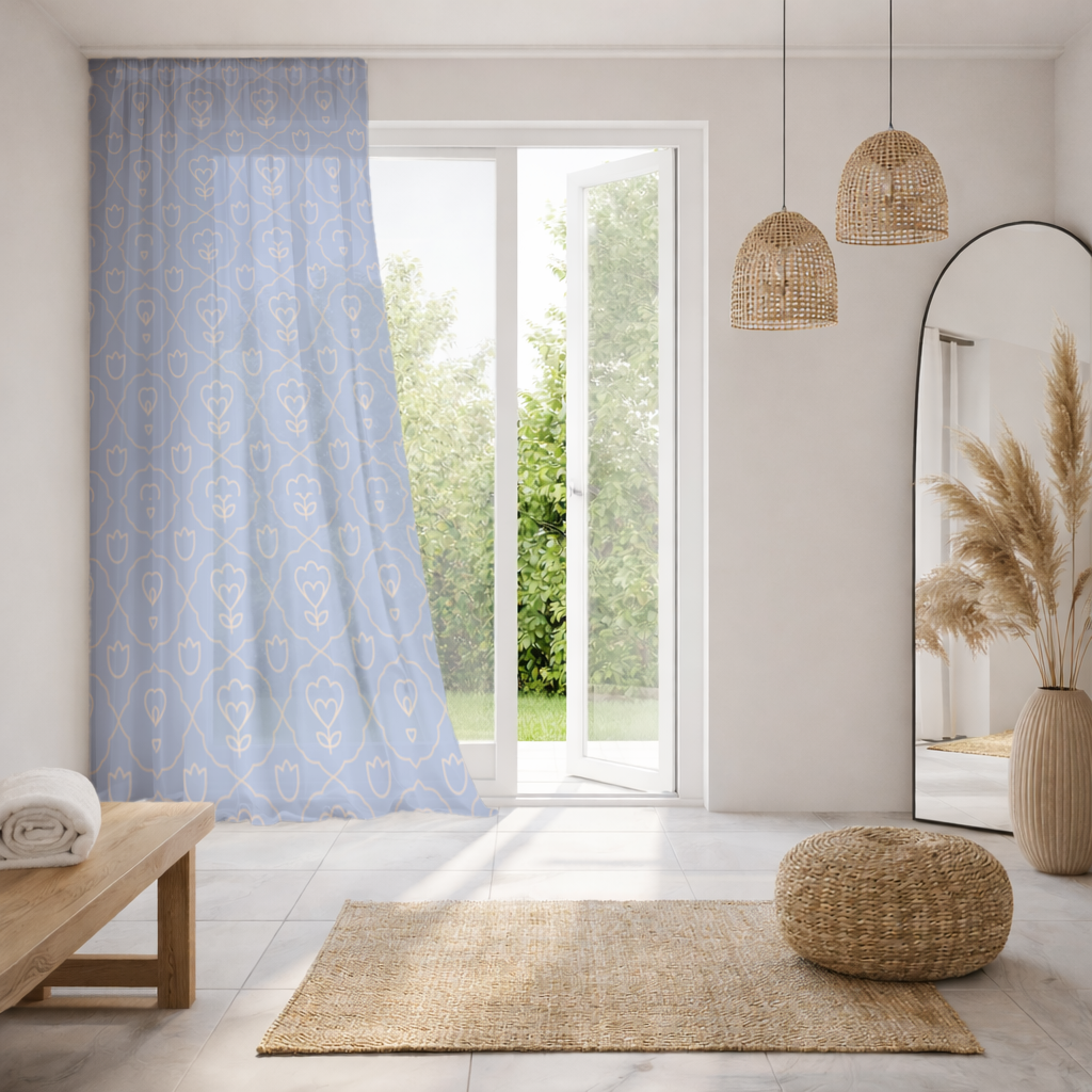 Orange Linear Floral Pattern on Blue Sheer Curtain