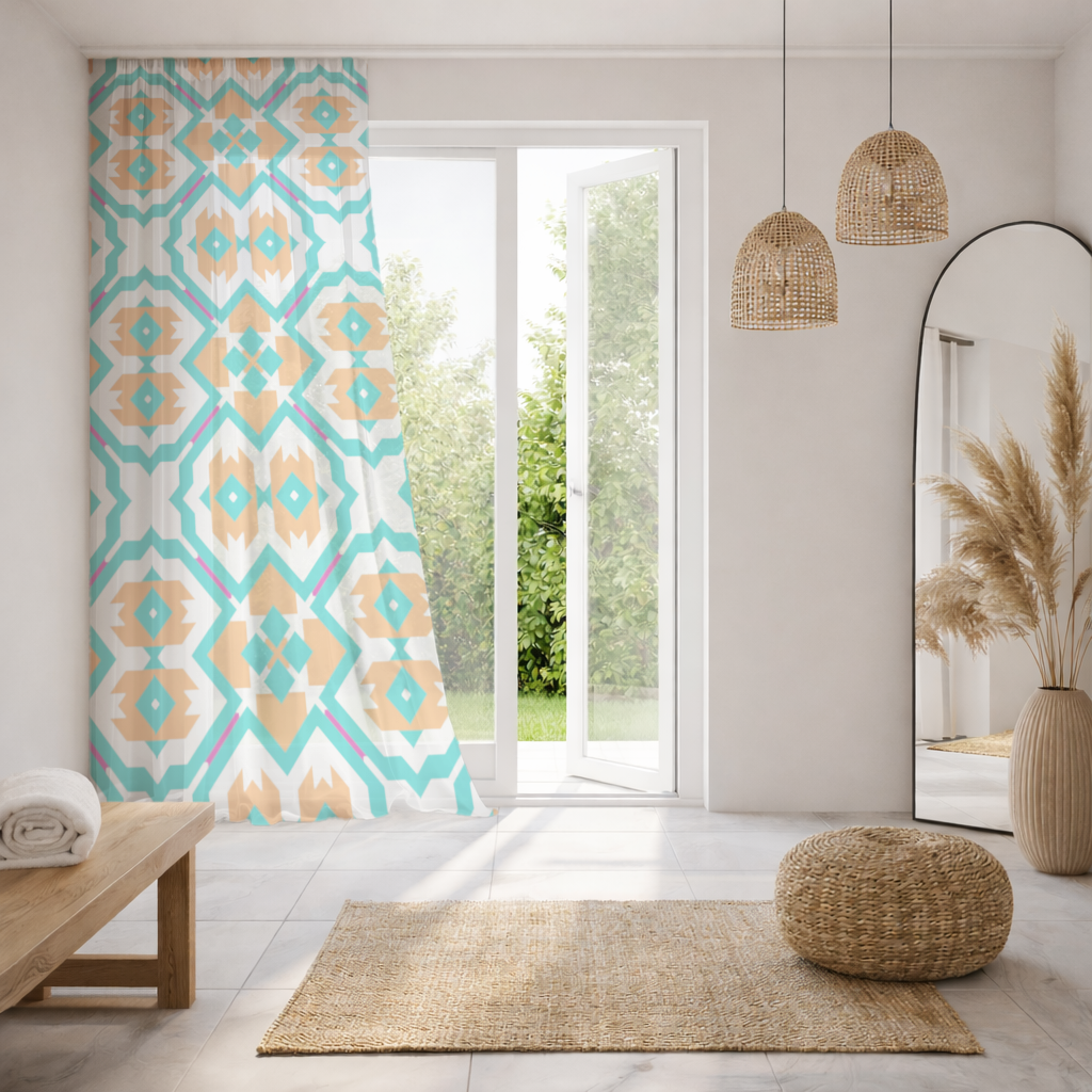Orange and Turquoise Geometric Pattern Sheer Curtain