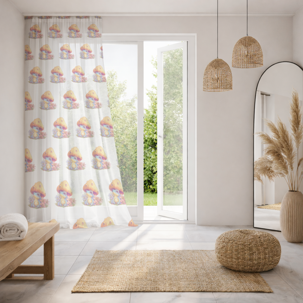Blue Frog Resting Under Orange Mushroom Sheer Curtain