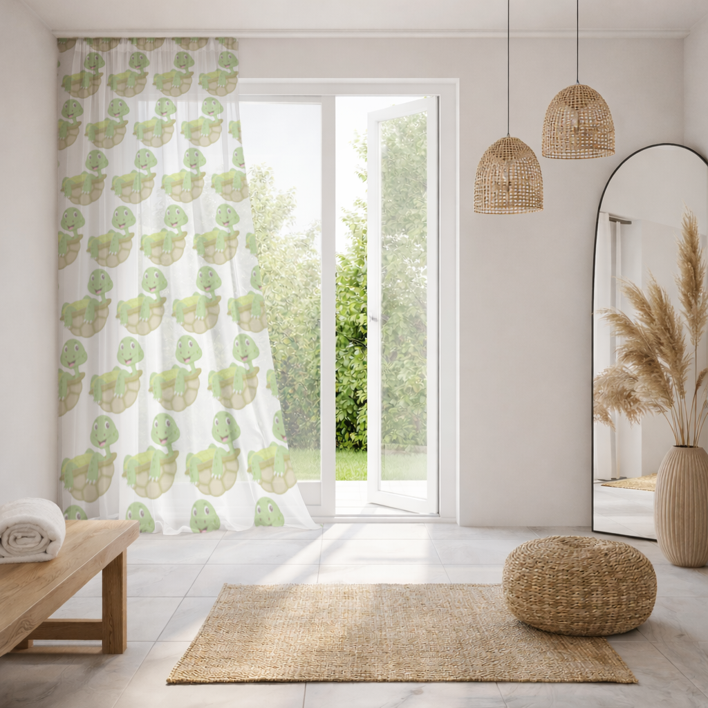 Happy Smiling Green Turtle in Shell Sheer Curtain