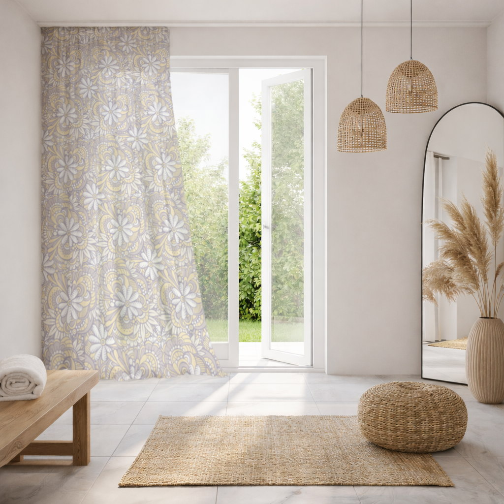Retro Floral Doodle and Mandala Pattern Sheer Curtain