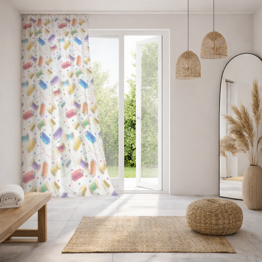 Colorful Thread Spools and Sewing Tools Pattern Sheer Curtain