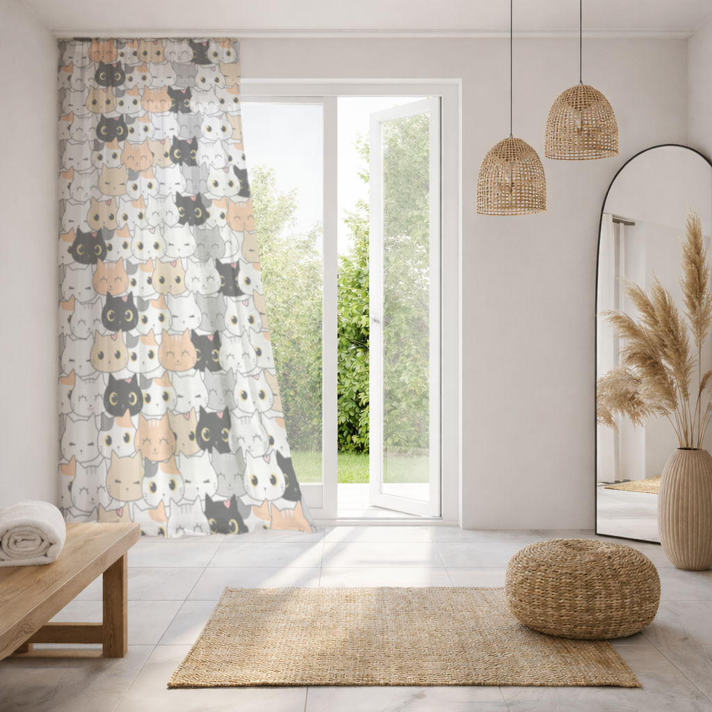 Colorful Cute Cat Faces Seamless Pattern Sheer Curtain