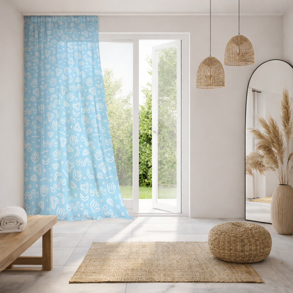 Blue Abstract Doodle Sheer Curtain