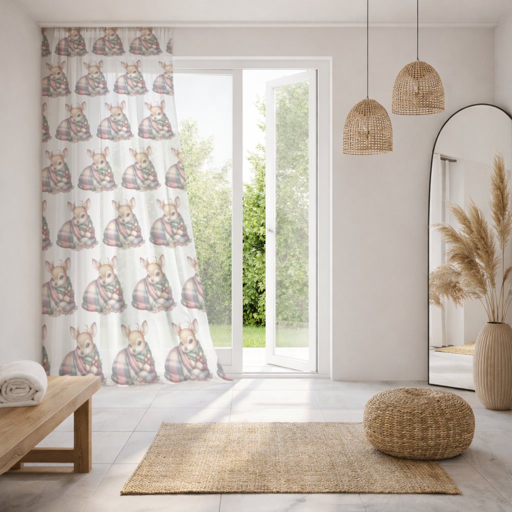 Kawaii Baby Deer with Plaid Scarf Sheer Curtain