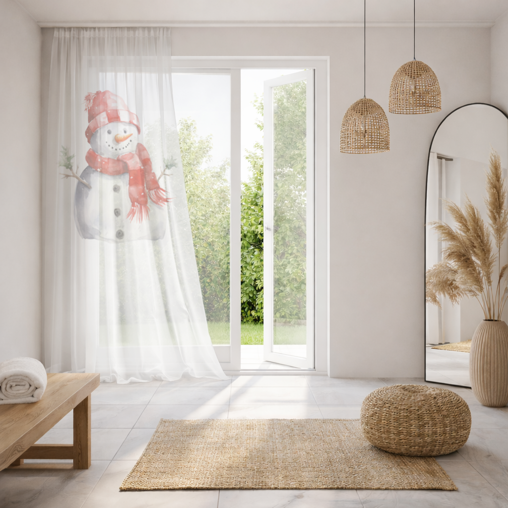 Cozy Red Scarf Snowman Sheer Curtain