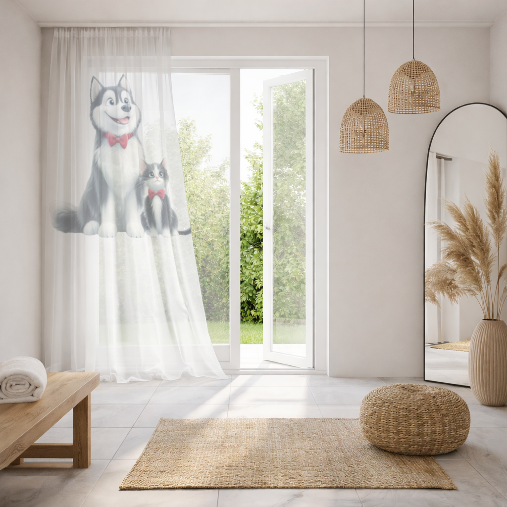 Cute Husky and Kitten with Red Bowties Sheer Curtain