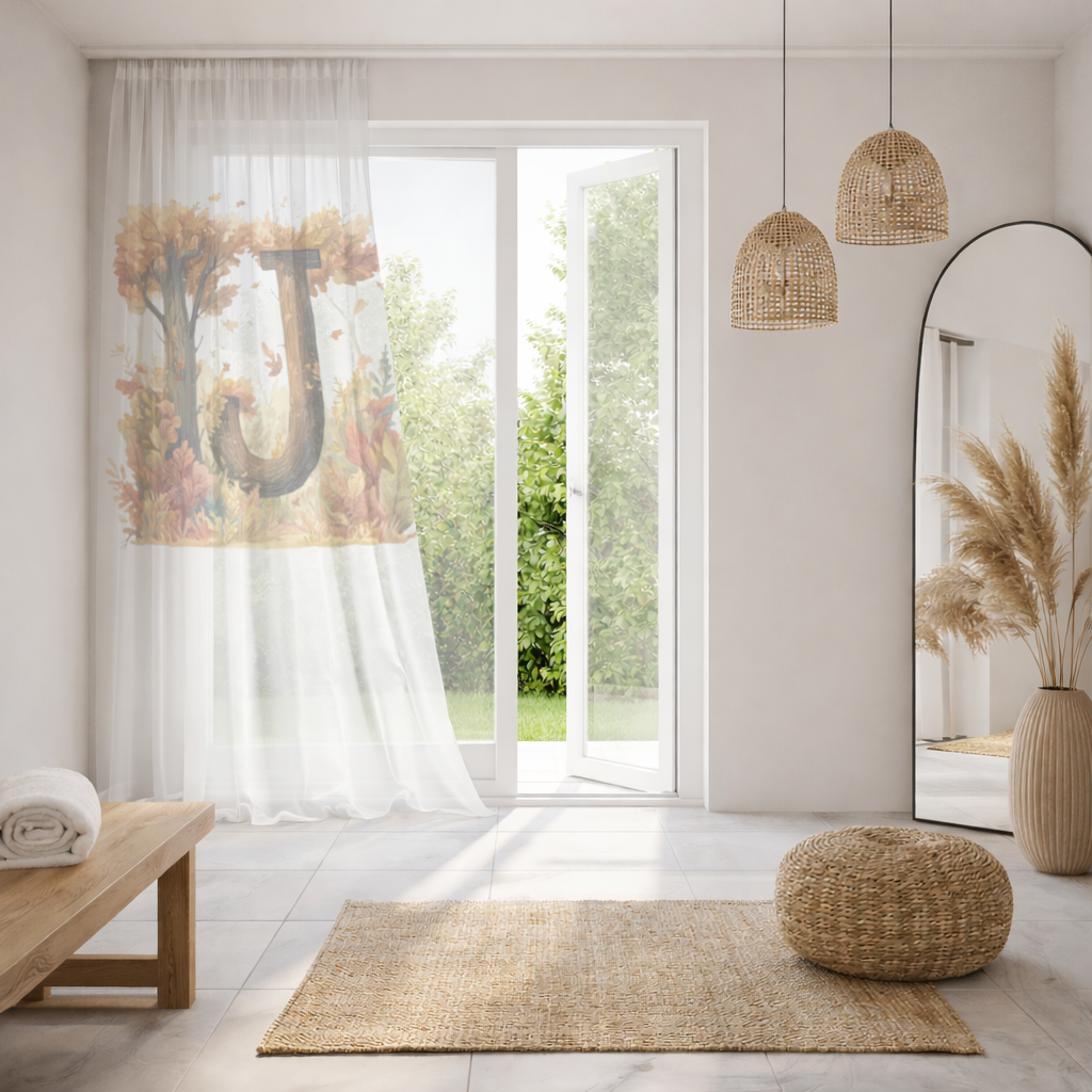 Fall Leaves Wooden Letter J Sheer Curtain