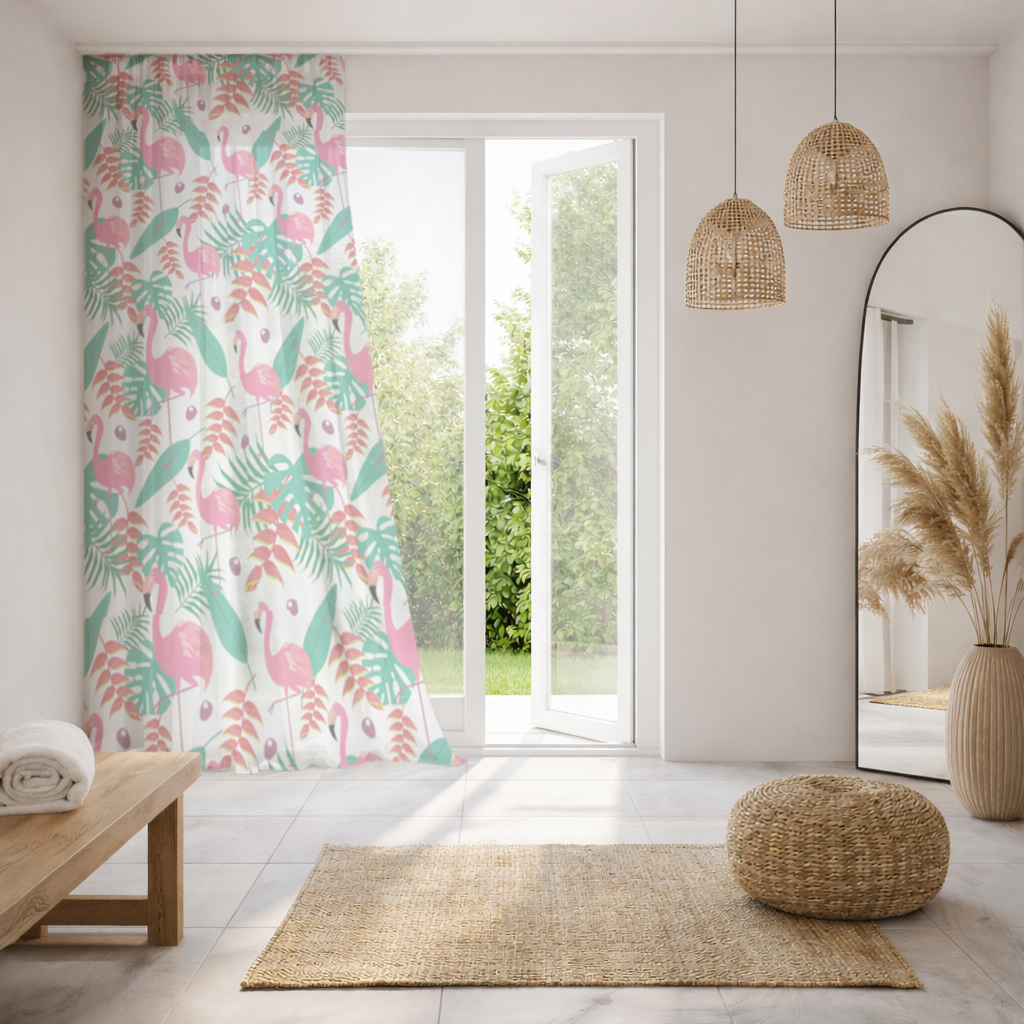Pink Flamingo Tropical Leaves Sheer Curtain