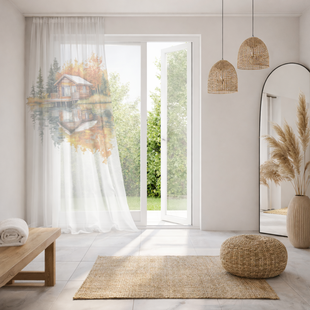 Lakeside Log Cabin Autumn Landscape Sheer Curtain