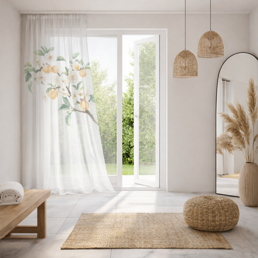 Watercolor Apricot Blossom Branch Sheer Curtain
