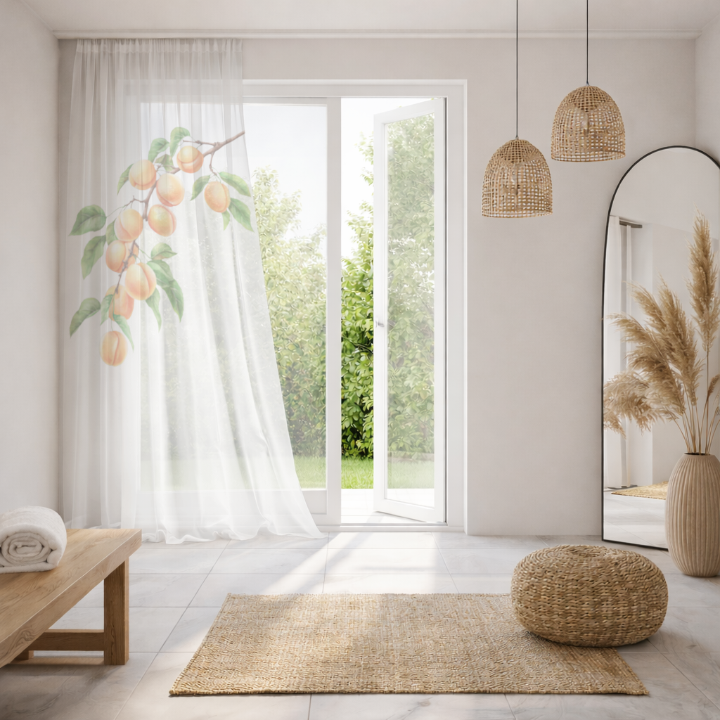 Ripe Orange Apricot Fruit Branch Sheer Curtain