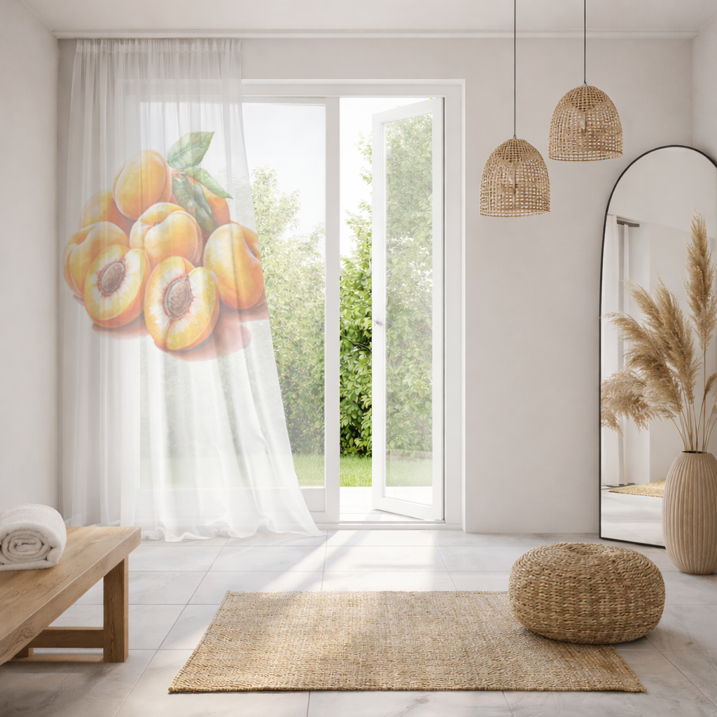 Watercolor Apricot and Leaves Sheer Curtain