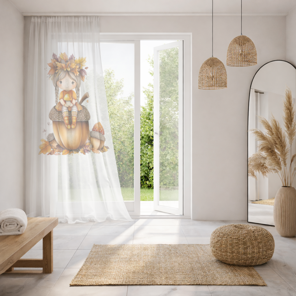 Autumn Acorn Mushroom Girl Sheer Curtain