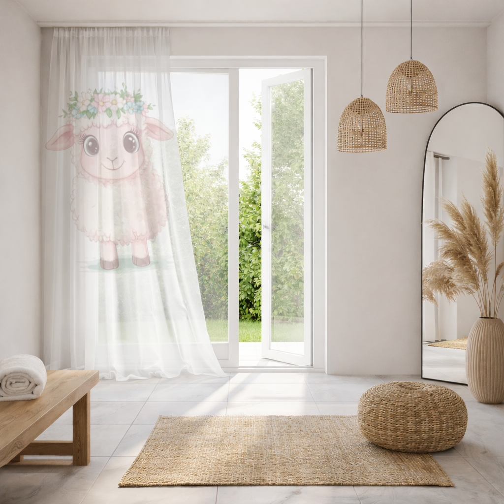 Kawaii Flower Crown Pink Lamb Sheer Curtain