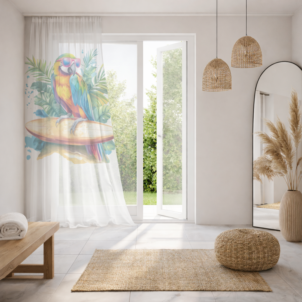 Surfing Parrot with Pink Sunglasses Sheer Curtain