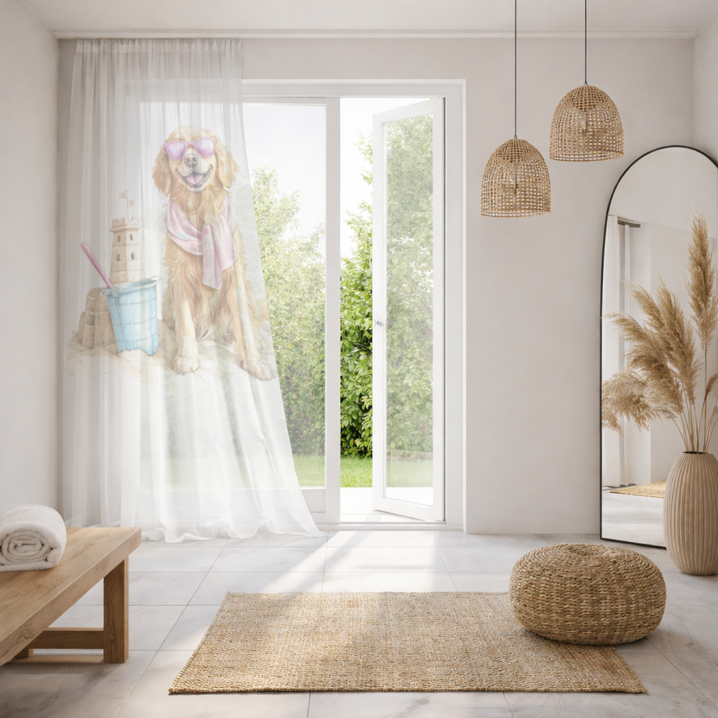 Beach Golden Retriever Pink Sunglasses Sheer Curtain