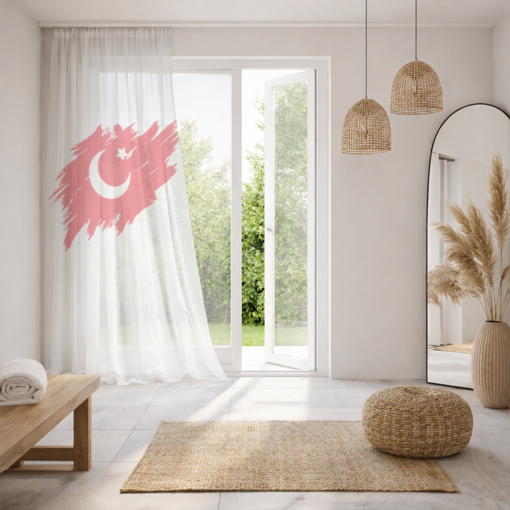 Brushstroke Turkish Flag Crescent Moon Sheer Curtain